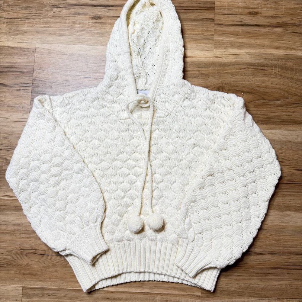 Rue Stiic Anthropologie Cable Knit Pom Pom Hooded Cream Sweater Size XS